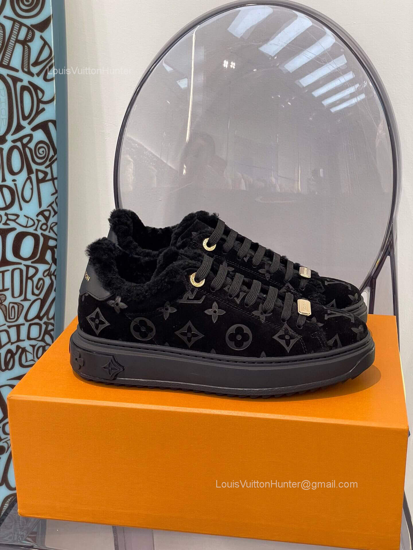 Louis Vuitton Time Out Sneaker with Shearling in Black Monogram Embossed Suede Calf Leather 2281667
