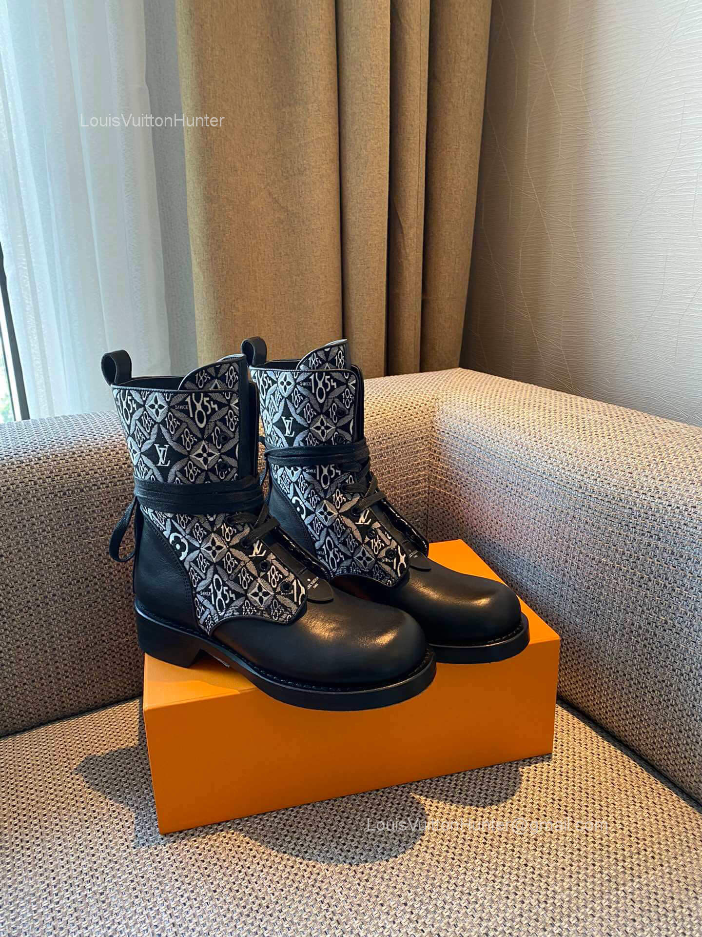 Louis Vuitton Since 1854 Metropolis Flat Ranger Ankle Boot in Gray Jacquard Textile and Black Calf Leather 2281700