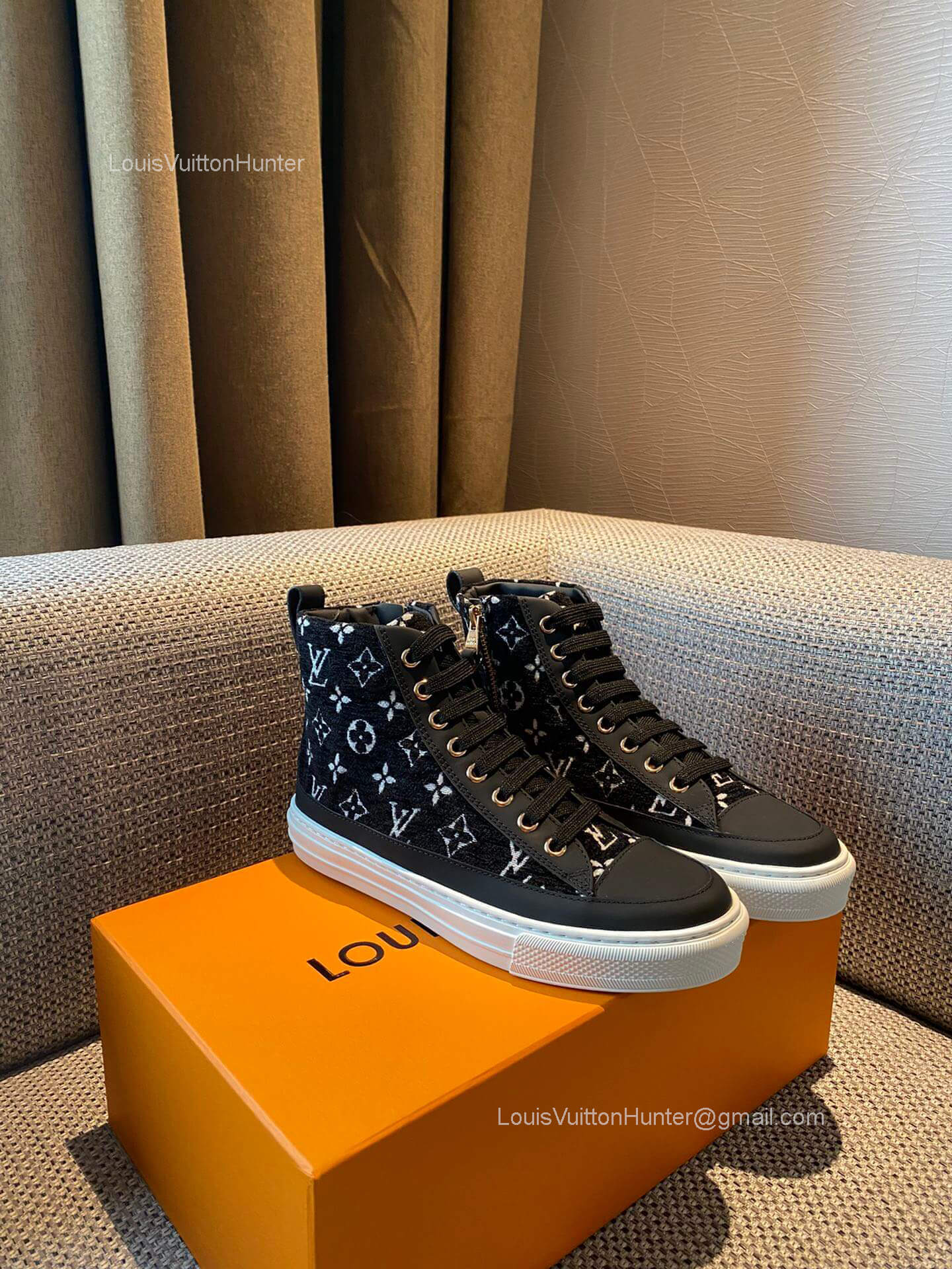 Louis Vuitton Stellar Sneaker Boot in Black White Monogram Velvet and Calf Leather 2281707