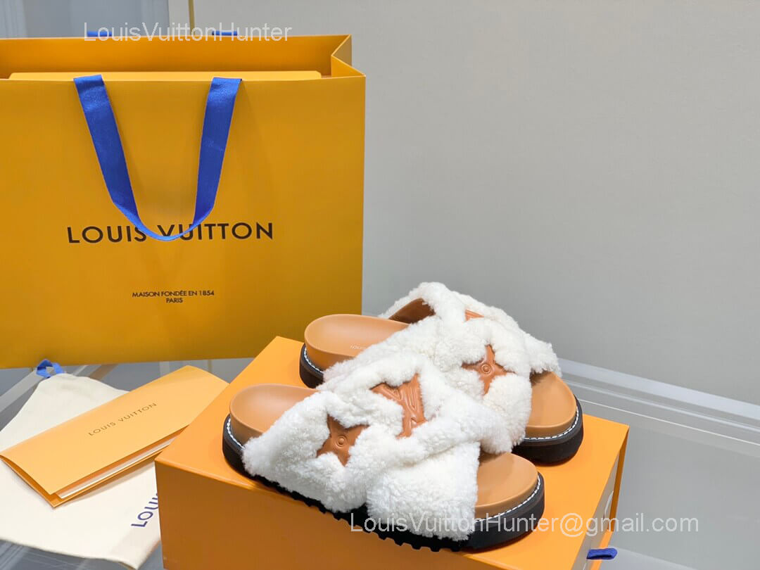 Louis Vuitton Paseo Flat Comfort Mule Sandal in White Shearling 2281728